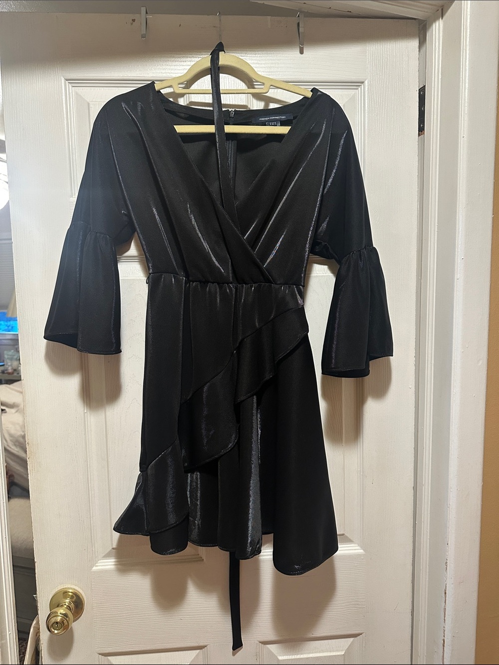 French Connection Black Satin-Look Ruffle Wrap Mini Dress